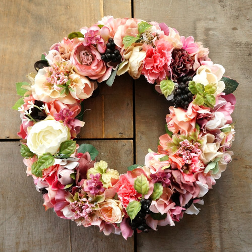 ピンクガーデンローズのアートフラワーリース リース atelier