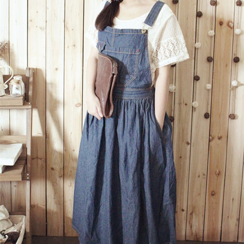 受注製作】ロングデニムサロペット ジーンズ生地 スカート A1204