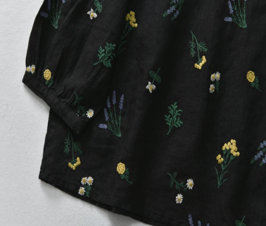 【受注製作】亜麻刺繡・トップス　可愛刺繡ブラウス　T-2