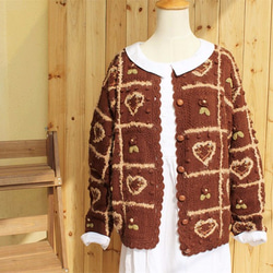 【受注製作】手編みニットセーター カーディガン 花柄 brown 1枚目の画像