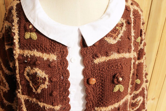 【受注製作】手編みニットセーター カーディガン 花柄 brown 3枚目の画像