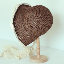 【受注製作】自然素材の手編み帽子 お花レース　コーヒー色 3枚目の画像