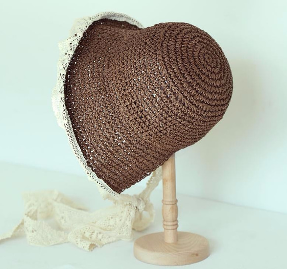 【受注製作】自然素材の手編み帽子 お花レース　コーヒー色 3枚目の画像