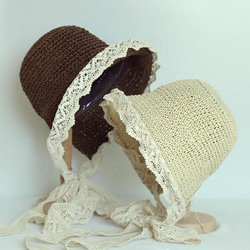 【受注製作】自然素材の手編み帽子 お花レース　コーヒー色 4枚目の画像