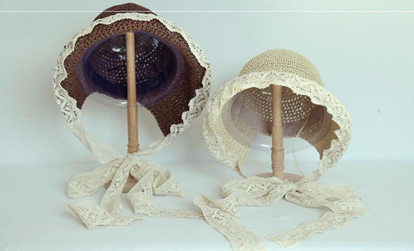 【受注製作】自然素材の手編み帽子 お花レース　コーヒー色 5枚目の画像