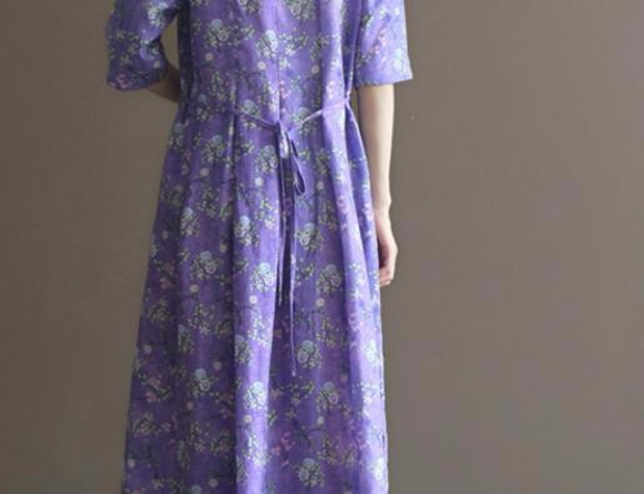 【受注製作】紫花綿麻 ワンピース　ゆったり　ロングTK10078 4枚目の画像