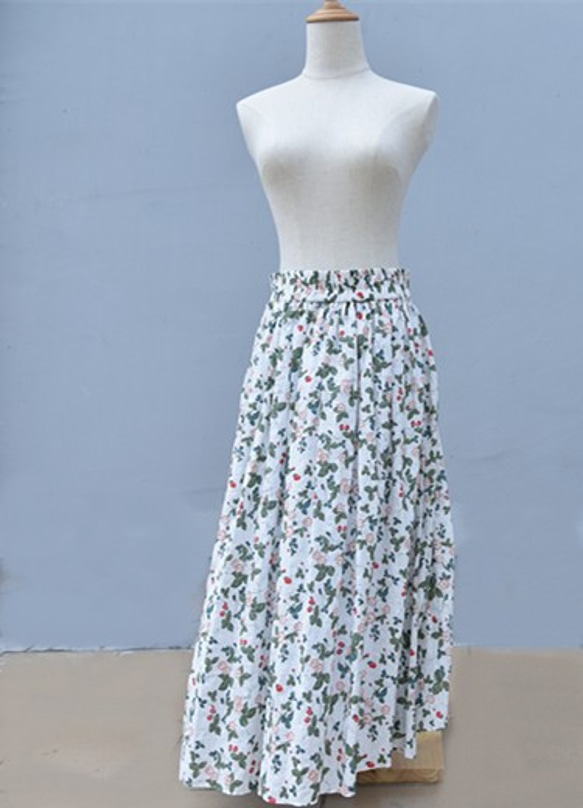 【受注製作】天然素材で製作したロングスカート 花果柄　綿麻 3枚目の画像
