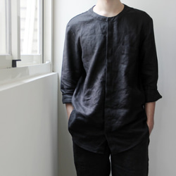 linen short shirt Black亞麻家居短襯衣（黑色） 第6張的照片