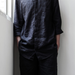 linen short shirt Black亞麻家居短襯衣（黑色） 第7張的照片