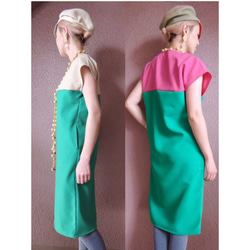 RATA❤️ 米色 x 綠色《漂亮的拼色口袋色連衣裙》 第3張的照片