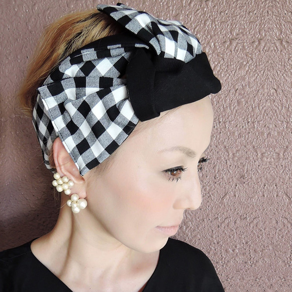RATA❤️白黒ギンガムチェックの『リボンターバン』 ヘアバンド