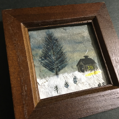 ミニ額入り原画】紙粘土に絵を描いてみた☆冬の夜10☆ 絵画 Blue-Lion