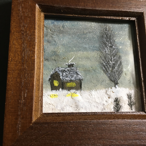 ミニ額入り原画】紙粘土に絵を描いてみた☆冬の夜13☆ 絵画 Blue