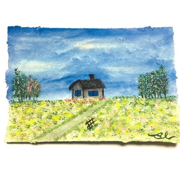 【送料無料 (原画ハガキサイズ)】紙粘土に絵を描いてみた☆春のお花畑☆ 1枚目の画像
