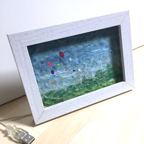 ライト付き額入り原画】紙粘土に絵を描いてみた☆空と風船☆ 絵画 Blue