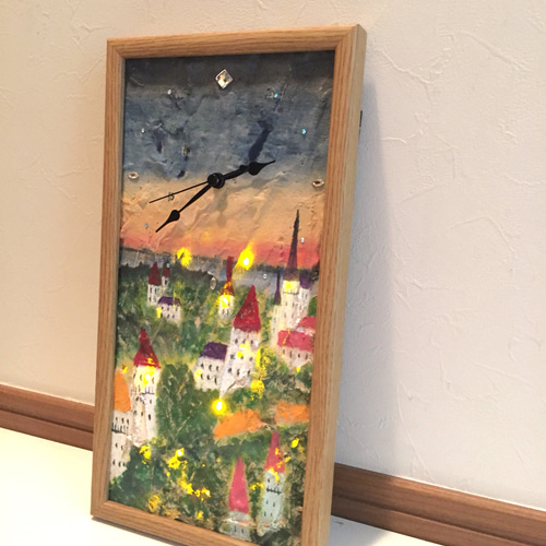 ライト付き原画】紙粘土の絵の時計☆夕暮れ☆ 絵画 Blue-Lion 通販