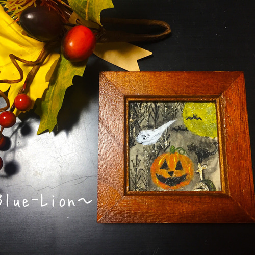 ミニ額入り原画】紙粘土に絵を描いてみた☆ハロウィン2☆ 絵画 Blue