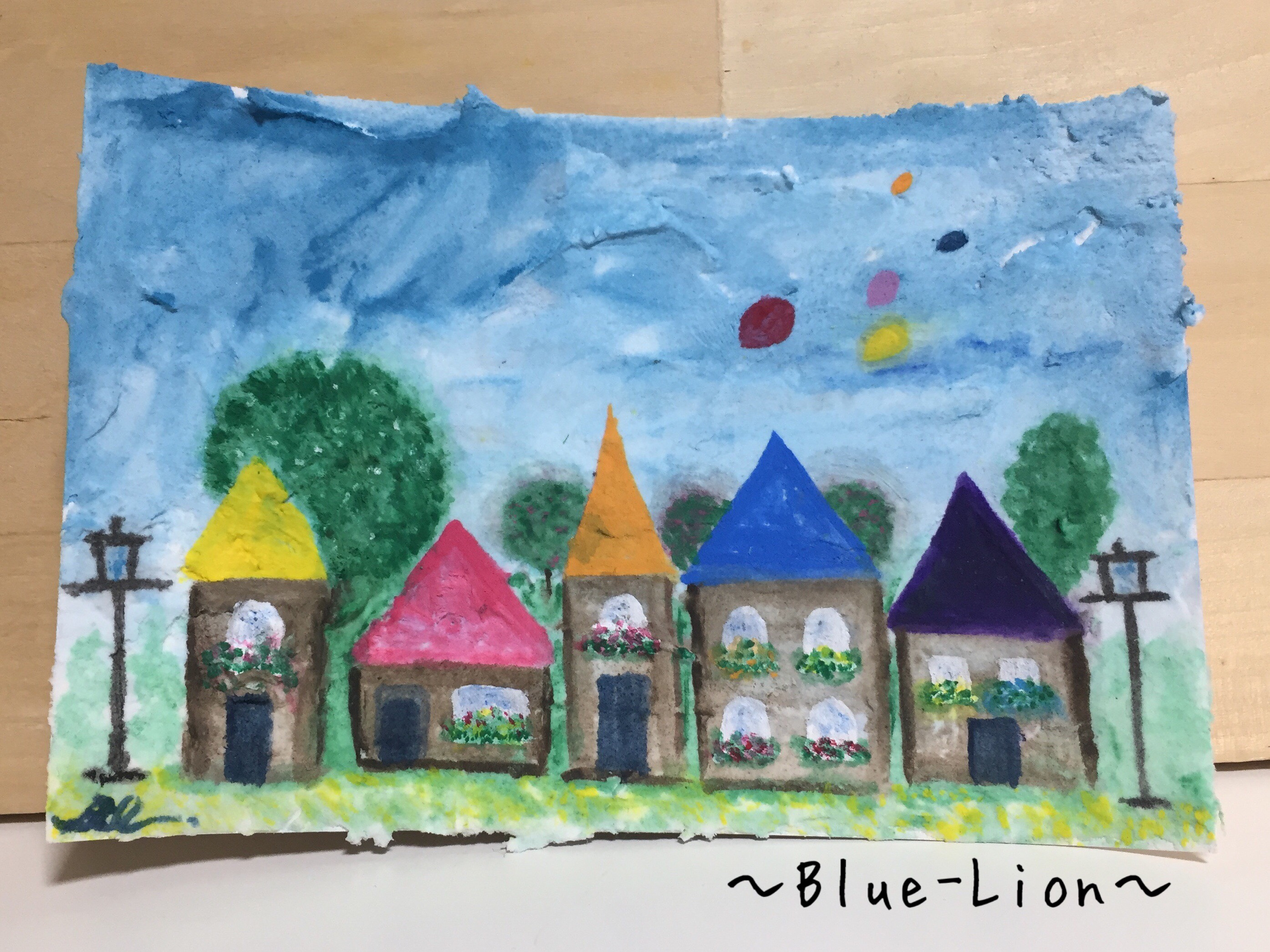 【額入り原画】紙粘土に絵を描いてみた 明るい街 絵画 Blue-Lion