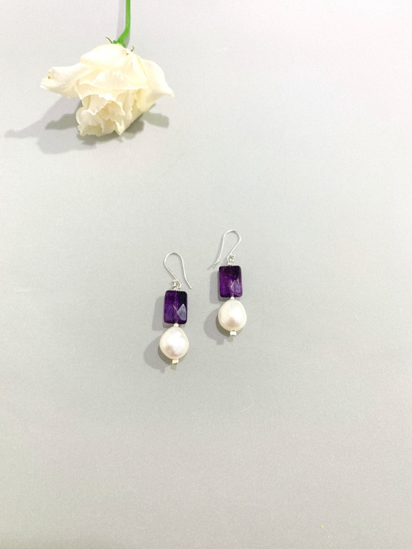 Ops Amethyst Pearl earrings-珍珠/紫水晶/純銀/耳環/氣質/貴人 第2張的照片