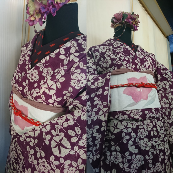 落ち着いたピンク系の薔薇や紫陽花ととんぼ玉 花盛ヘッドドレス トークハット 4枚目の画像