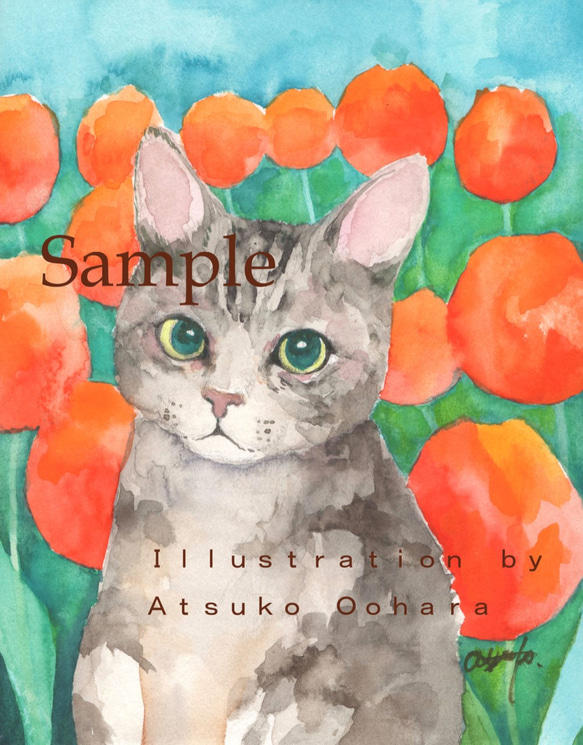 10・選べるポストカード４枚「橙チューリップと猫」 1枚目の画像