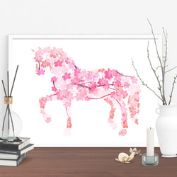 春と桜と馬　　【A3アートポスター】"おしゃれインテリア雑貨/ウマ/サクラ" 2枚目の画像