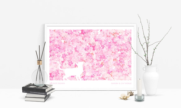 桜と猫の世界　　【A3アートポスター】"おしゃれインテリア雑貨/ネコ/サクラ/春" 2枚目の画像
