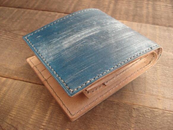 二つ折り財布 box-b 青ワックス 5枚目の画像