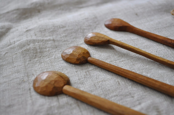 ストライプ - 超微細日本のチェリーヒルウッド手はスプーン/手彫りの/攪拌/ティースプーンを攪拌木製のスプーンを刻まれました 6枚目の画像