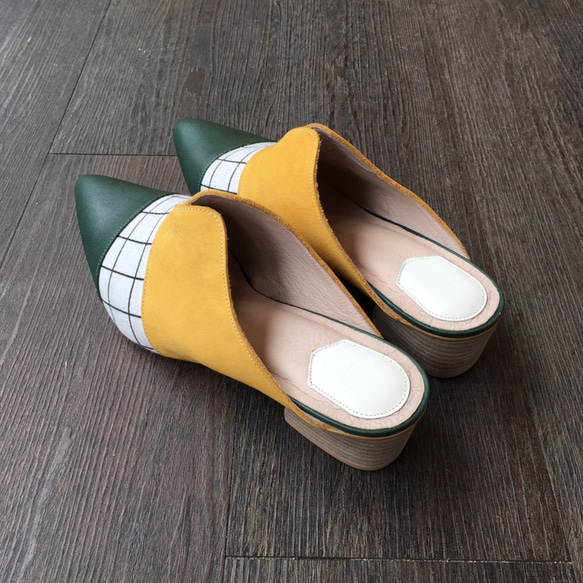經典女孩系列 第7號 藤井樹 穆勒鞋 綠/白格/黃絨皮 拼接手工真皮鞋 第3張的照片