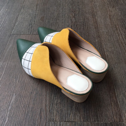 經典女孩系列 第7號 藤井樹 穆勒鞋 綠/白格/黃絨皮 拼接手工真皮鞋 第5張的照片