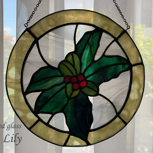 新品バスティン ステンドグラスHollyヒイラギ グラスマスターズ社 クリスマス バスティン ステンドグラスHollyヒイラギ グラスマスターズ社