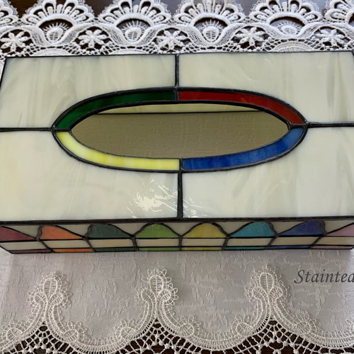 雅姫・ステンドグラスティッシュケース 送料無料！ステンドグラス 白いお花のティッシュケース その他