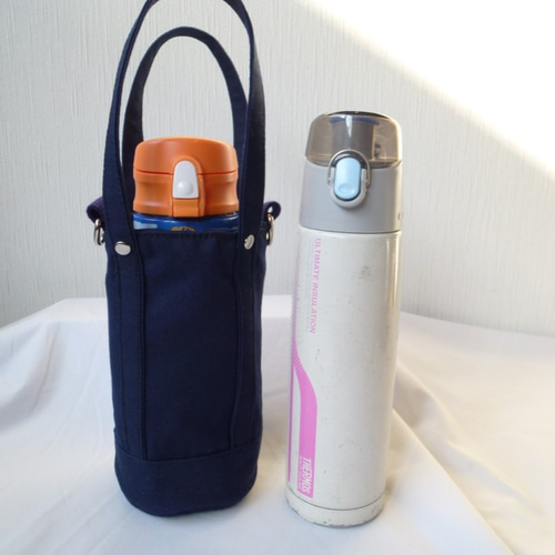 手提げな水筒カバー筒形「紺」ショルダーはオプション 給食袋 56番地