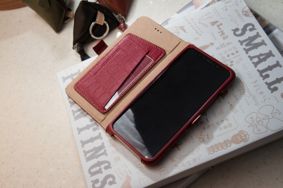 iPhone X / Xs 手帳系列混搭款皮革保護套-赭紅色 第6張的照片