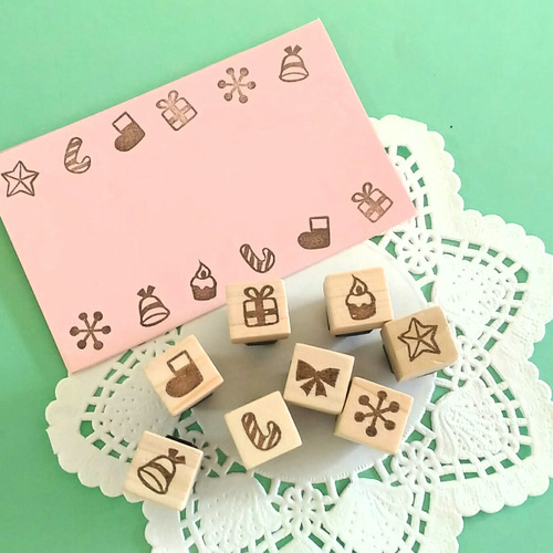 小さな消しゴムはんこ8個セット（クリスマス）結晶・長靴・星