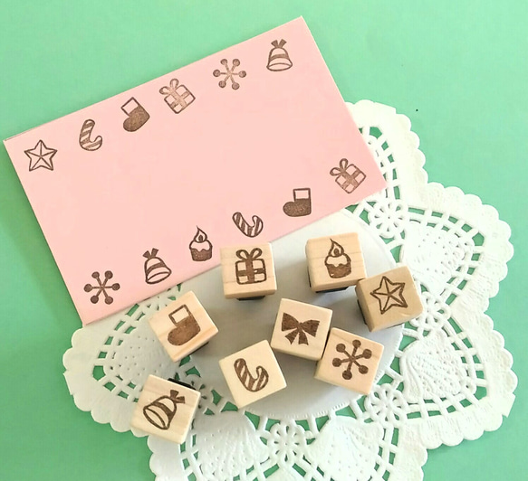 小さな消しゴムはんこ8個セット（クリスマス）結晶・長靴・星