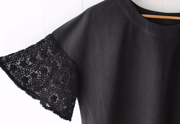 亞麻袖蕾絲短袖剪裁和縫製黑色affetto 第5張的照片