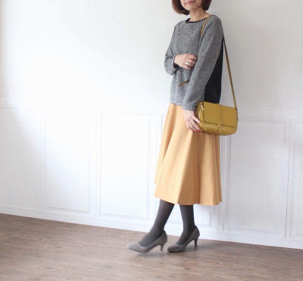 【M】　ミモレ丈 フレアスカート　piano　affetto ハンドメイド　マスタード