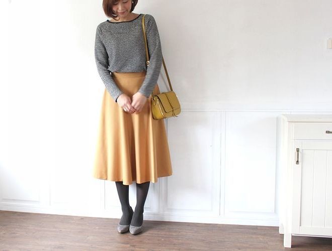 【M】　ミモレ丈 フレアスカート　piano　affetto ハンドメイド　マスタード