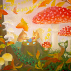 3つ子きのこの水彩画 (原画) きのこセット＊ - 高塚由子 の 水彩画 魔法の筆