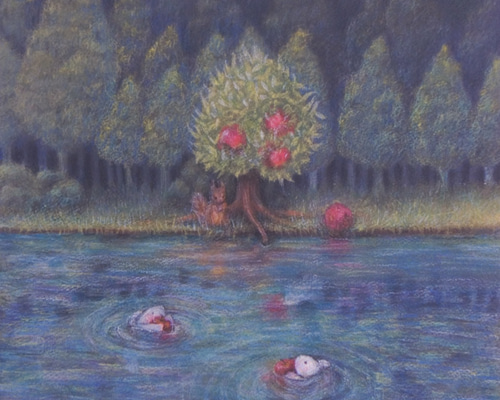 遥かなる銀河3 ハンドメイドパステル画　絵画アート原画 りんごの木」三三サイズ、パステル画、原画、額装込み 絵画 古橋亜優美