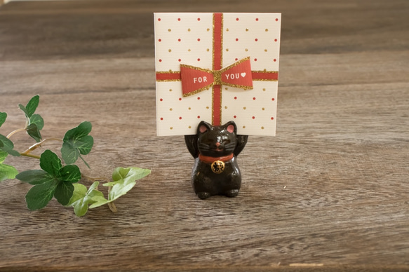 陶器の福々招き猫カード立て　黒ねこ　小 1枚目の画像