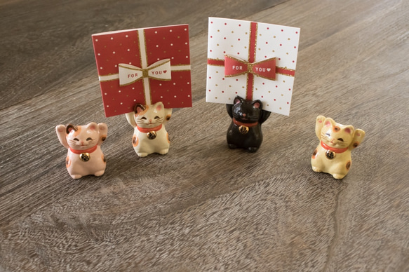 陶器の福々招き猫カード立て　黒ねこ　小 6枚目の画像