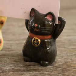 陶器の福々招き猫カード立て　黒ねこ　小 7枚目の画像
