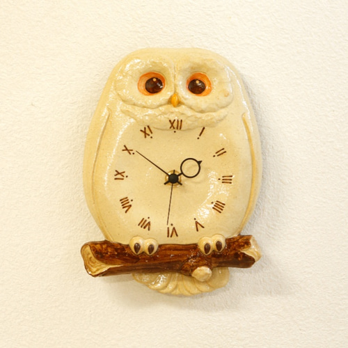陶器のふくろう尾振り時計 おはよう 掛け時計・置き時計 かわいい動物