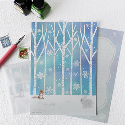雪と白樺の森　レターセット（ ウサギ、リス ） 1枚目の画像