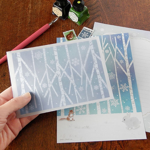 雪と白樺の森 レターセット（ ウサギ、リス ） レターセット one