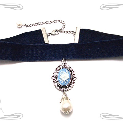 青】ベルベットリボンの薔薇カメオチョーカー ネックレス