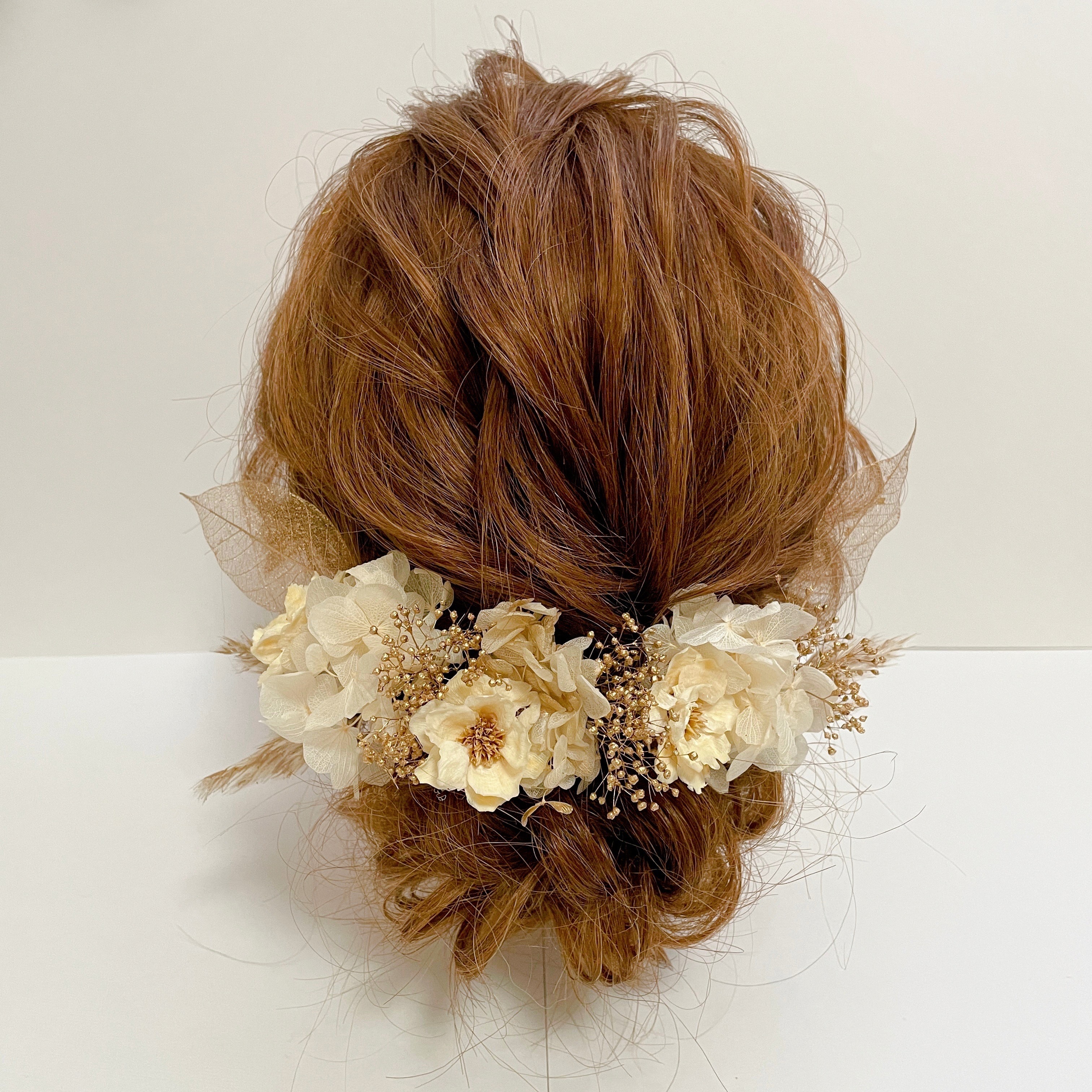 ドライフラワー ゴールド ヘッドドレス 金箔 和装 成人式 髪飾り 結婚式 ブライダル 卒業式 袴 振袖 ウェディング
